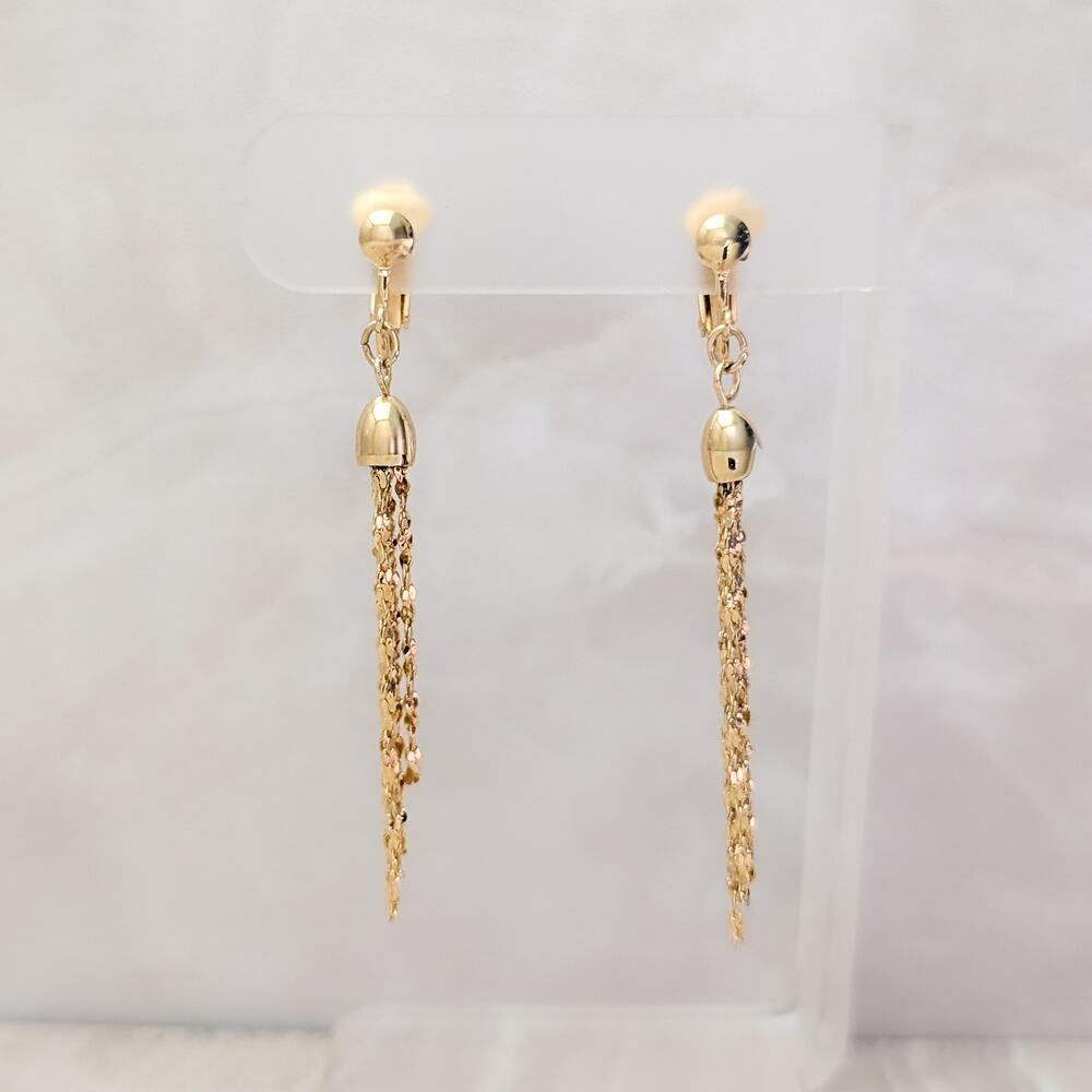 Vintage Clip On Earrings Gold Tone Extra Long Tassel Dangle Drop Earrings